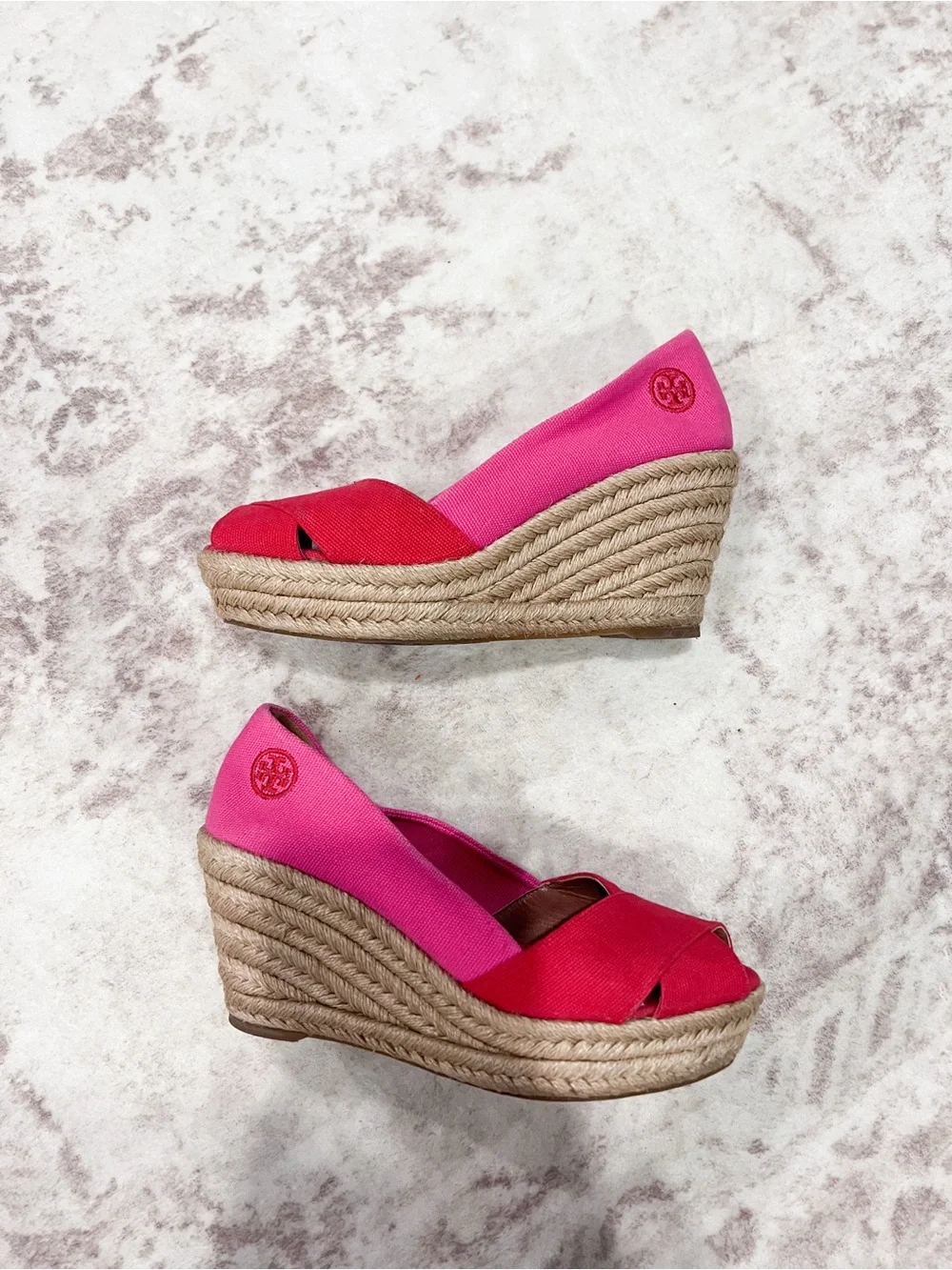 Tory Burch Filipa Pink & Hot Pink Espadrille Wedge Peep-Toe